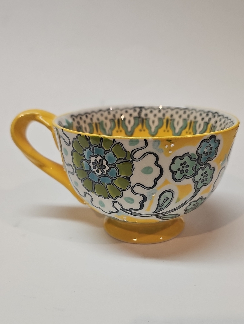 Anthropologie Elka Ayaka Floral Pedestal Yellow Ceramic Mug, Twisted Handle